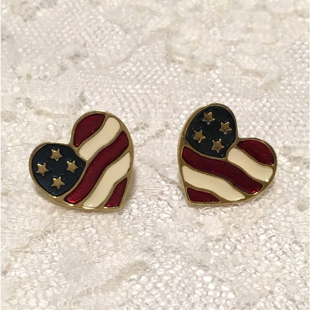 Patriotic Heart Earrings Enameled Gold Tone Avon American Flag Pierced